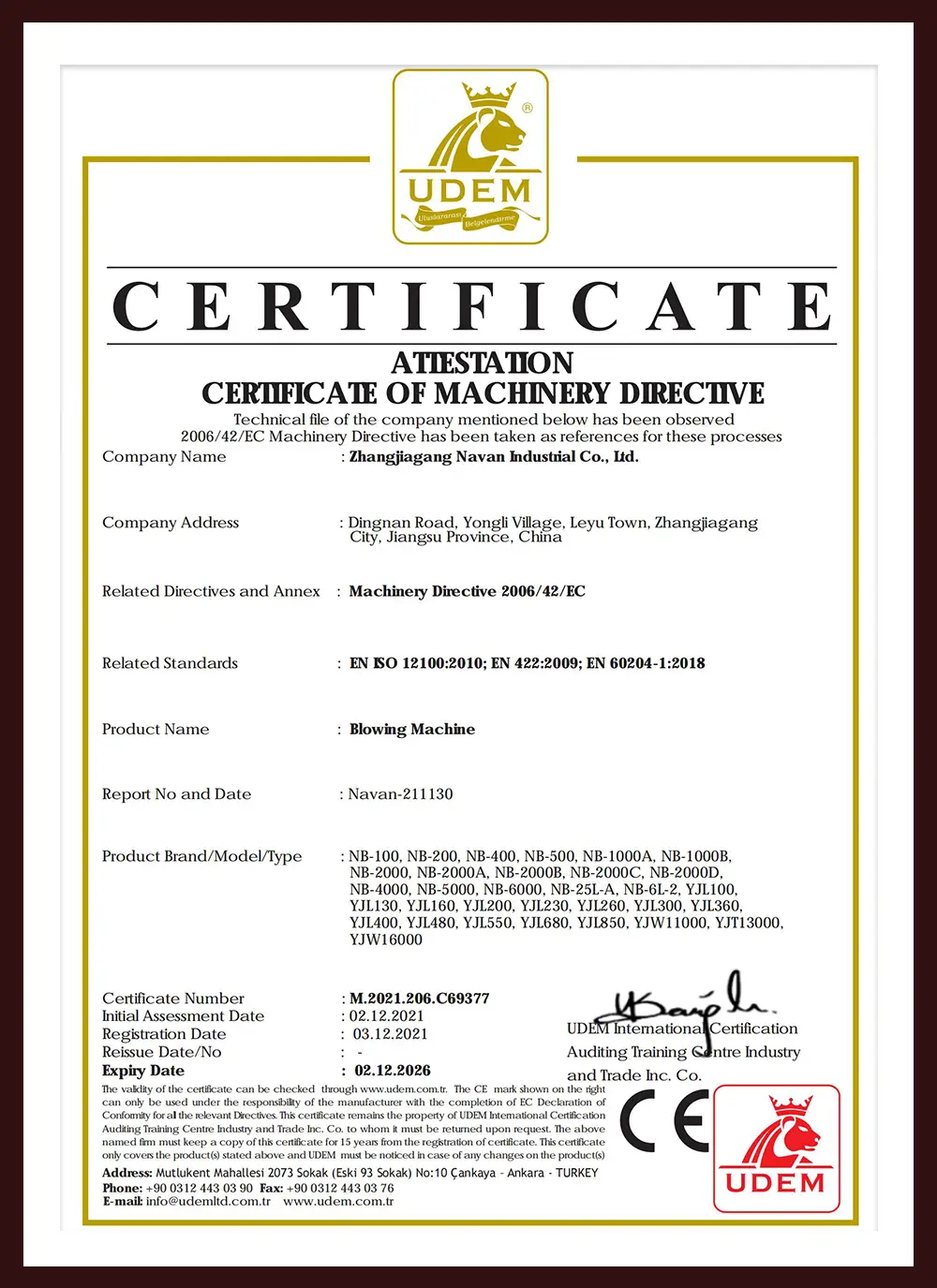 navan machine navan machine Blowing Machine UDEM CE Certificate